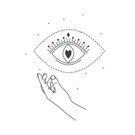Vector illustration of hand and mystic eye love magic. Line art style. Love boho symbol. Feminine gesture. Mystical eye of providence with heart silhouette inside.のイラスト素材