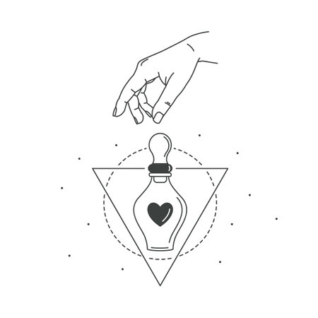 Vector illustration of hand and mystic love potion. Line art style. Love boho symbol. Feminine gesture. Mystical magic decoction. Valentine's day greeting card design elementのイラスト素材
