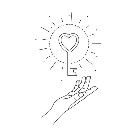 Vector illustration of hand and mystic love key. Line art style. Boho symbol. Feminine gesture. Mystical concept of shining key to love. Valentine's day greeting card design elementのイラスト素材