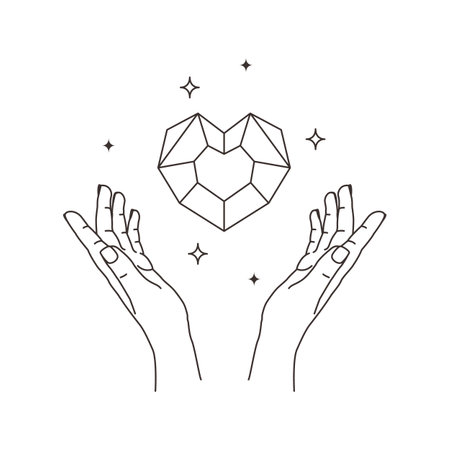 Vector illustration of line shining heart shaped diamond in woman's hand.のイラスト素材