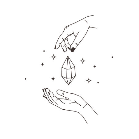 Vector illustration of line shining magic crystal in woman's hand. Brilliant symbol for cosmetics, jewelery, beauty product. Wedding concept. Marriage proposal. Jewelery store. Gemstone in human armのイラスト素材