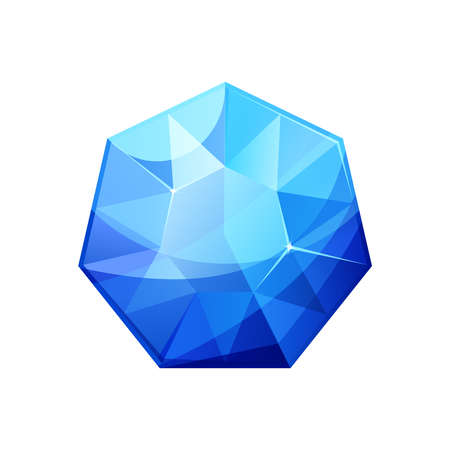 Vector illustration of realistic shiny blue jewel. Colorful heptagon shape jewelry gemstone. Sapphire isolated on white background. Blue diamond stone. Jewelery design top view.のイラスト素材