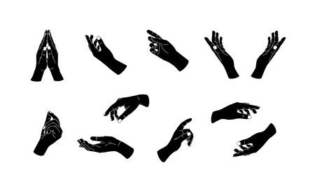 Vector illustration of black flat hands gesture icons. Flat stroke modern simple minimal arm  . Graphic art design isolated on white. Beautiful female hands. Trendy minimalist styleのイラスト素材