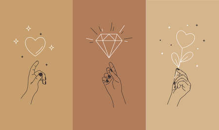 Vector set of abstract  design social media story template simple linear style. Line hands and love signs.のイラスト素材