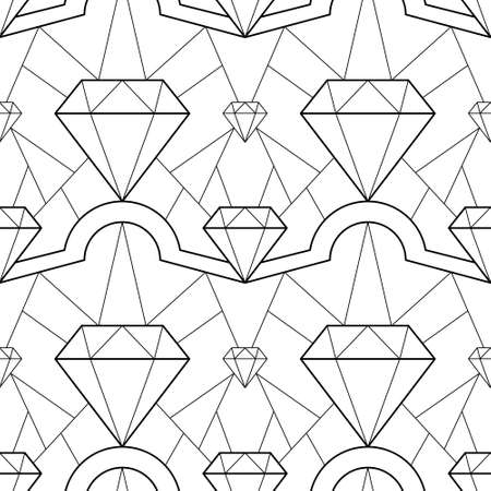 Vector illustration seamless line pattern with diamond stone. Monochrome art deco repeat texture. Black and white style gem stones geometric linear background.のイラスト素材