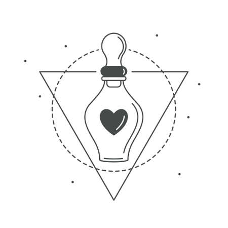Vector illustration of magic love potion beautiful bottle with heart inside. Chemistry of love. Mystic line art. Love symbol. Mystical magic decoration. Valentine's day greeting card design elementのイラスト素材