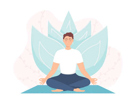 Man meditating in nature. Concept for man yoga, meditation, relax, recreation, healthy lifestyle. Lotus position. Breathing exercise. Spiritual practice. Vector illustration with floral backgroundのイラスト素材