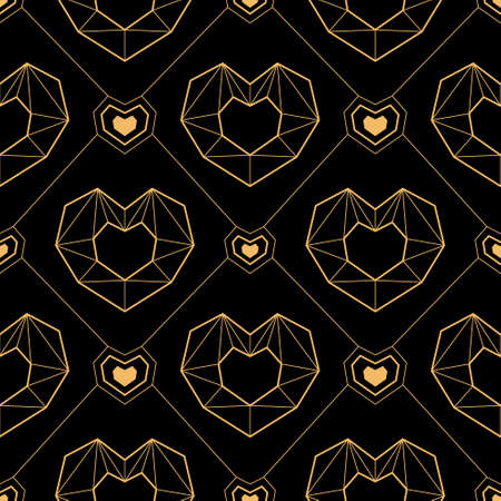 Vector illustration black and gold seamless pattern geometric line hearts to Valentine's Day, wedding. Romantic art deco texture. For invitation, save the date, greeting card, wrapping paper, textileのイラスト素材