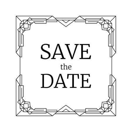 Vector illustration modern design for wedding invitation, retro line geometric frame. Black and white Art Deco geometry pattern, trendy border. Vintage save the date square rectangle template.のイラスト素材