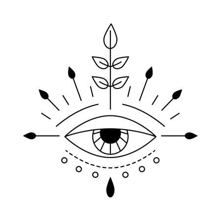Vector illustration of beautiful mystic eye, providence sight. Magic witchcraft symbol. Geometric line evil eye amulet with leaves. Esoteric sign. Sacred geometry, occultism. Isolated on whiteのイラスト素材
