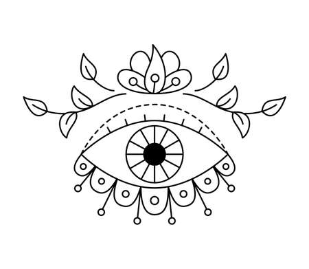 Vector illustration of mystic eye, providence sight with natural botanical decor. Witchcraft symbol. Geometric line evil eye amulet with leaves. Esoteric sign. Sacred geometry. Isolated on whiteのイラスト素材