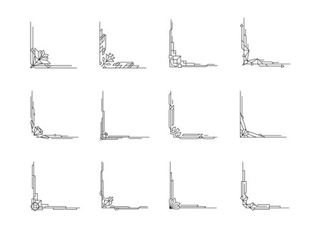 Vector illustration Art deco corner set. Creative template in style of 1920s for borders and frames. Retro geometric thin line corners with love sings. Elegant elements for wedding, greeting, holidayのイラスト素材