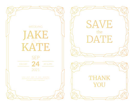 Vector illustrations set of luxury wedding invitation cards with gold gradient. Gold frame. Line art deco vintage geometric pattern wedding template for save the date cards with jewelry stone cornersのイラスト素材