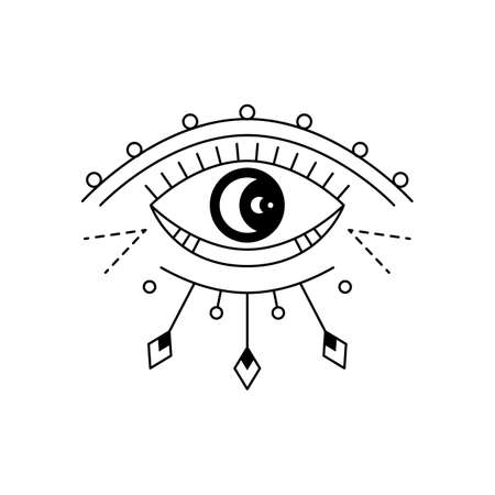 Blackwork line art mystic eye tattoo. Providence sight magic witchcraft symbol. Evil eye amulet geometric ornament. Esoteric sign. Sacred geometry spirituality, occultism. Isolated vector illustrationのイラスト素材