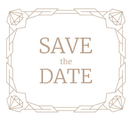 Vector illustration geometric frame, retro line art wedding invitation. Art Deco geometry pattern with jewelery gemstones. Vintage save the date rectangle card template. Trendy gem stone borderのイラスト素材