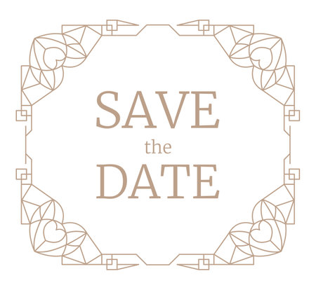 Geometric frame, line romantic wedding invitation. Linear frame Art Deco geometry pattern with love hearts in corners, trendy border. Vintage save the date rectangle greeting card. Vector illustrationのイラスト素材