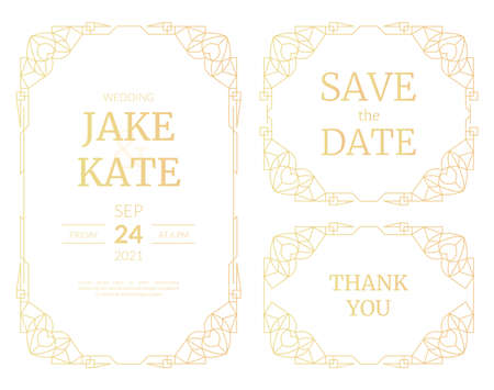 Vector illustrations set of luxury wedding invitation cards with gold gradient. Gold frame. Line art deco vintage geometric pattern wedding template for save the date cards with heart shape corners.のイラスト素材