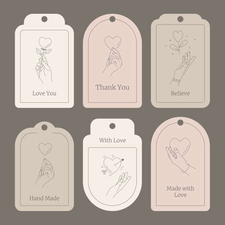 Set of tags with line hands, love signs and text. Gentle color labels for hand made product. Made with love. Line art style. Feminine gesture. Valentine s day or Mother s day. Vector illustrationのイラスト素材