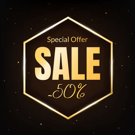 Sale discount banner template on dark background. Text in golden hexagon frame. Poster with geometric selling sign. Marketing promo sale offer concept. Black Friday.の写真素材