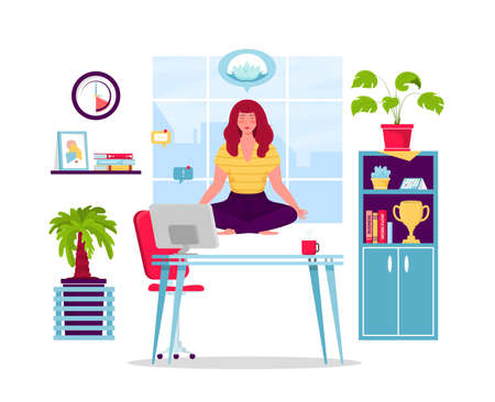 Girl meditating at workplace. Businesswoman doing yoga to calm down stressful emotion from hard work in office over desk with office process icons. Concept of meditation. Vector illustration.の写真素材