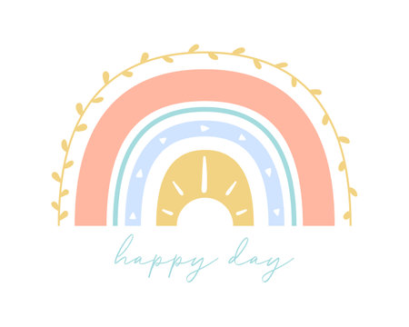 Trendy colorful boho rainbow with happy day text. Flat bohemian rainbow for greeting card, poster or nursery room print. Hand drawn icon. Nature weather element. Isolated vector illustrationのイラスト素材
