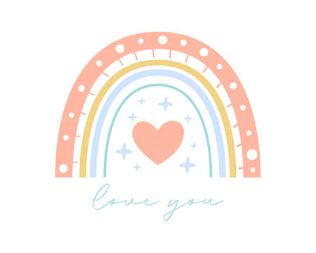 Cute gentle rainbow vector illustration with love you text. Flat boho rainbow for romantic valentine's day greeting card, nursery room print. Hand drawn icon. Nature weather element. Isolated on whiteのイラスト素材