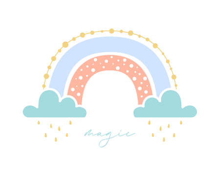 Beautiful magic rainbow with clouds and rain drops. Design with flat boho rainbow for valentine's day greeting card or nursery room print. Hand drawn icon. Nature weather element. Isolated vectorのイラスト素材