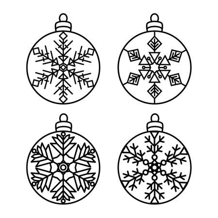 Set of hanging Christmas balls, New Year decorations. Round carved patterns with snowflakes. Lace stencils. Template for laser cutting, paper cut and printing. Vector illustration.のイラスト素材