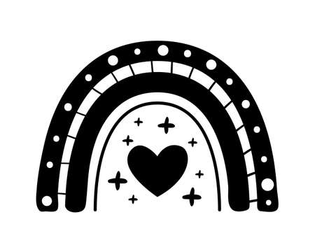 Black monochrome rainbow with heart in center, flat style. Rainbow abstract hand drawn icon. Glyph nature weather element. For poster, print, nursery room or card. Isolated vector illustrationのイラスト素材