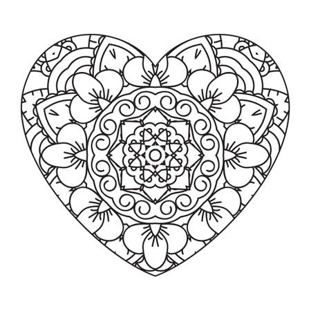 Heart shape with floral mandala ornament. Vintage decorative elements Oriental pattern. Islam, Indian, turkish, ottoman motifs. Vector illustration, coloring pageのイラスト素材