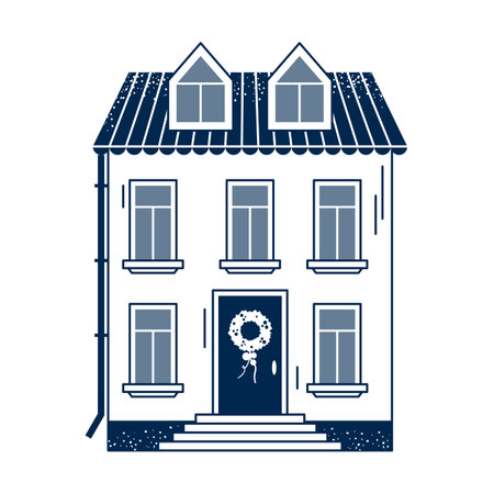 Cute line winter house with wreath on door, isolated on white background. European city building. Christmas and New Year holiday season. Real estate flat line art vector illustrationのイラスト素材