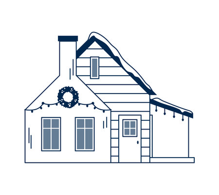 Line winter house, isolated on white. European city town building with snow on roof. Countryside cottage decorated for Christmas and New Year holiday season. Real estate line art vector illustrationのイラスト素材