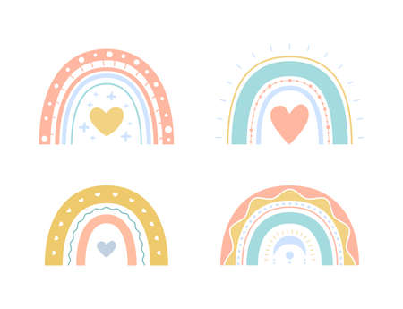 Set vector boho rainbows with hearts for kids. Cute colorful illustration in hand drawn style for nursery posters, prints, cards, fabric, children's books. Isolated on whiteのイラスト素材