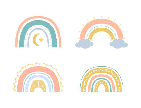 Vector boho rainbows collection with moon, clouds and leaves for kids. Cute colorful illustration in hand drawn style for nursery posters, prints, cards, fabric, children's books. Isolated on whiteのイラスト素材
