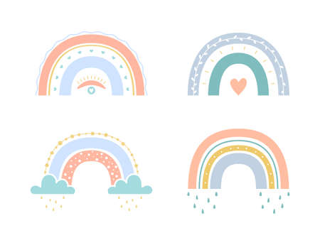 Set vector boho rainbows with heart, clouds and rain for kids. Weather element. Cute colorful illustration in hand drawn style for nursery posters, prints, cards, fabric. Isolated on whiteのイラスト素材