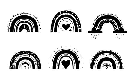 Hand drawn collection for nursery decoration with cute black rainbows. Scandinan boho style. Perfect for baby shower, birthday, children's party, summer holiday, clothing prints.のイラスト素材