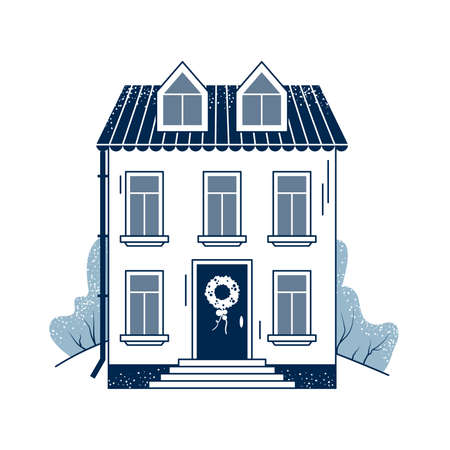 Line art winter house with wreath on door, isolated on white background. European city building with nature landscape. Christmas and New Year holiday season. Real estate flat vector illustrationのイラスト素材
