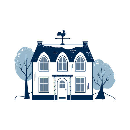 Line art winter house with weather vane on roof and trees, isolated on white background. European city building with nature landscape. Christmas and New Year holiday season. Real estate flat vectorのイラスト素材