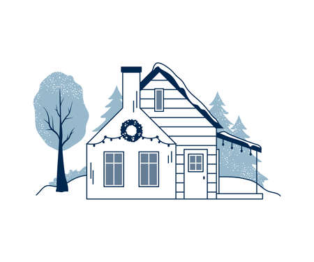 Line art winter house and trees on snow hill, cottage isolated on white. European city town building with snow on roof. Christmas and New Year holiday season. Real estate flat vectorのイラスト素材