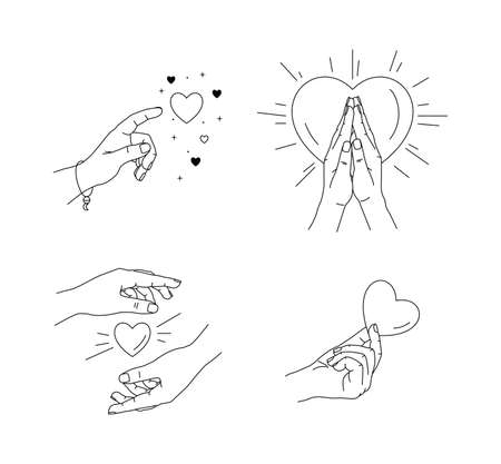Vector illustration of beauty  collection with hand and heart signs. Icons of ams with love heart symbol set. Beautiful female hands different gestures and design elements. Mystical print, stickerのイラスト素材