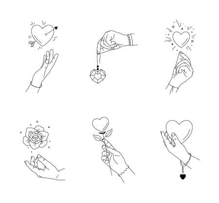 Vector illustration of beauty  collection with hand and heart signs. Icons of ams with love heart symbol set. Beautiful female hands different gestures and design elements. Mystical print, stickerのイラスト素材