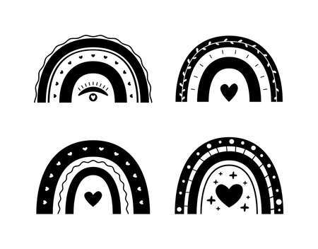 Hand drawn collection for nursery decoration with cute black rainbows. Scandinan boho style. Perfect for baby shower, birthday, childrens party, summer holiday, clothing prints.のイラスト素材