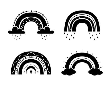 Hand drawn collection for nursery decoration with cute black rainbows. Scandinan boho style. Perfect for baby shower, birthday, childrens party, summer holiday, clothing prints.のイラスト素材