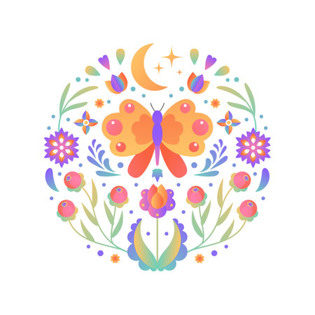 Ornamental round gradient floral pattern. Natural garden elements arrangement with flowers, leaves and butterfly. Round shape made of leaves and different flowers. Summer or spring circle background.のイラスト素材