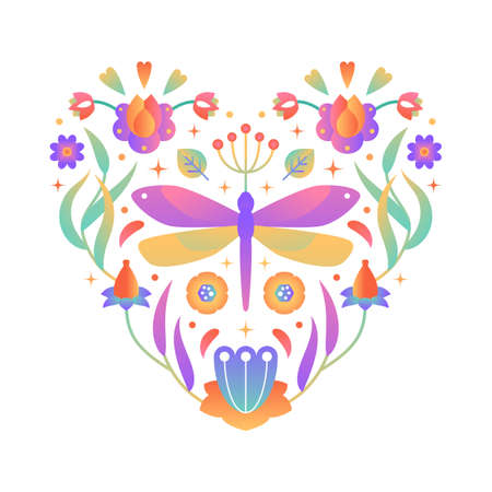 Bright heart shape with flowers, dragonfly and leaves. Gradient floral ornament, folk motif. Beautiful design element for Valentines, Mothers day, International Womens day holidays greeting.のイラスト素材