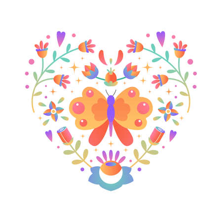 Bright heart shape with flowers, butterfly and leaves. Gradient floral ornament, folk motif. Beautiful design element for Valentines, Mothers day, International Womens day holidays greeting.のイラスト素材