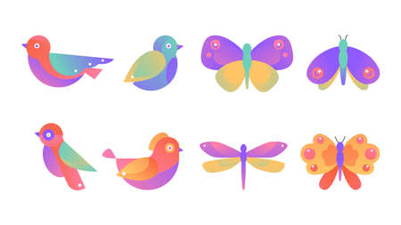 Vector illustration of colorful spring birds and butterflies. Geometric gradient birds and insects isolated on white background.のイラスト素材