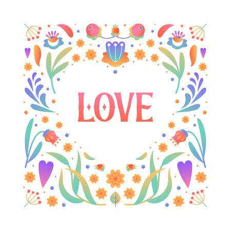 Geometric floral frame. Gradient spring flowers and butterflies. Natural botanical motif. Floral arrangement. Vector design perfect for greeting cards, wedding invitation, baby shower, notebook cover.のイラスト素材