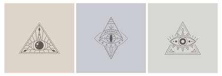 Vector line art mystic eyes. Social media temlate with providence sight witchcraft symbol. Triangle evil eye amulet geometric ornament. Esoteric sign. Boho design. Sacred geometry, occultism, mysticalのイラスト素材