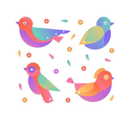 Vector illustration of colorful spring birds. Geometric gradient birds isolated on white background. Textile or branding design idea, notebook cover, nursery poster.のイラスト素材
